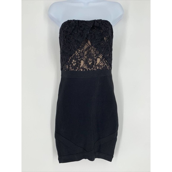 Bebe Strapless Lace Bandage‎ Dress Sz M Rocker Goth Mini MIDI Formal Cocktail - Picture 1 of 9